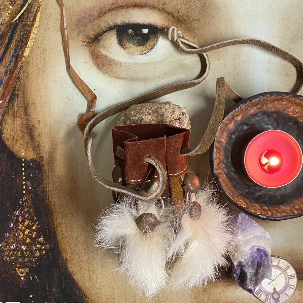 Raw Amethyst Stone & Suede & Fur Medicine Pouch